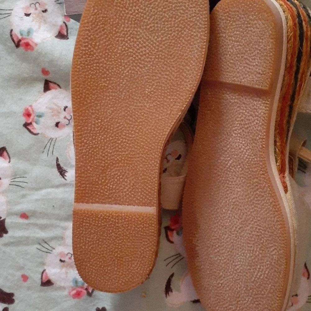 70s Vintage Kids Tan Wedge Sandals with Cute Cat Embroidery Espadrille‎ rainbow